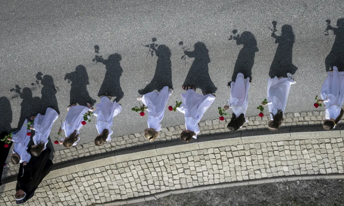 Row of white-robed girls holding red roses with long shadows across a curved street